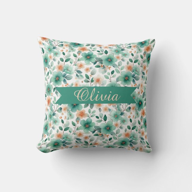 Vintage Spring Green Floral Personalized Throw Pillow (Front)