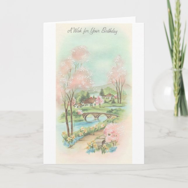 Vintage Spring Meadow Birthday Wish Card (Front)