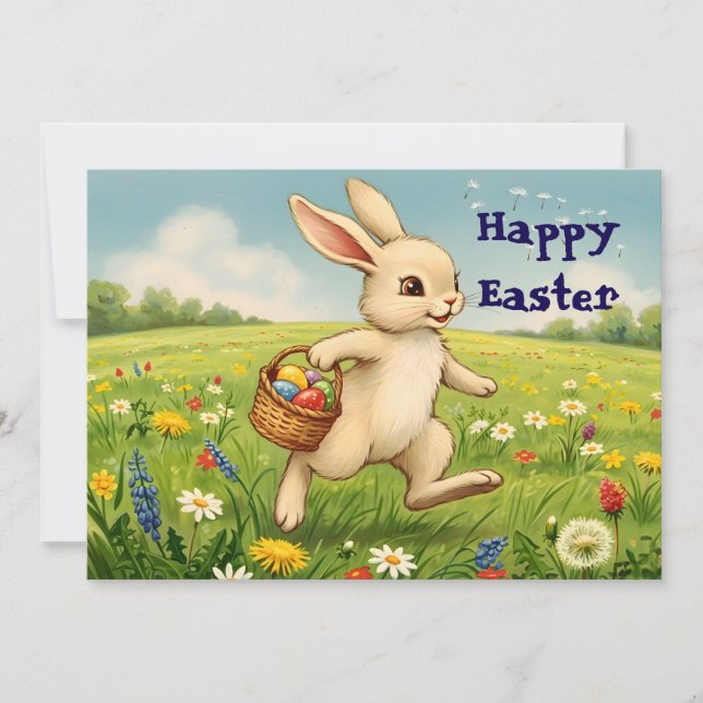Vintage Spring Meadow Easter Bunny Holiday Card (Front)