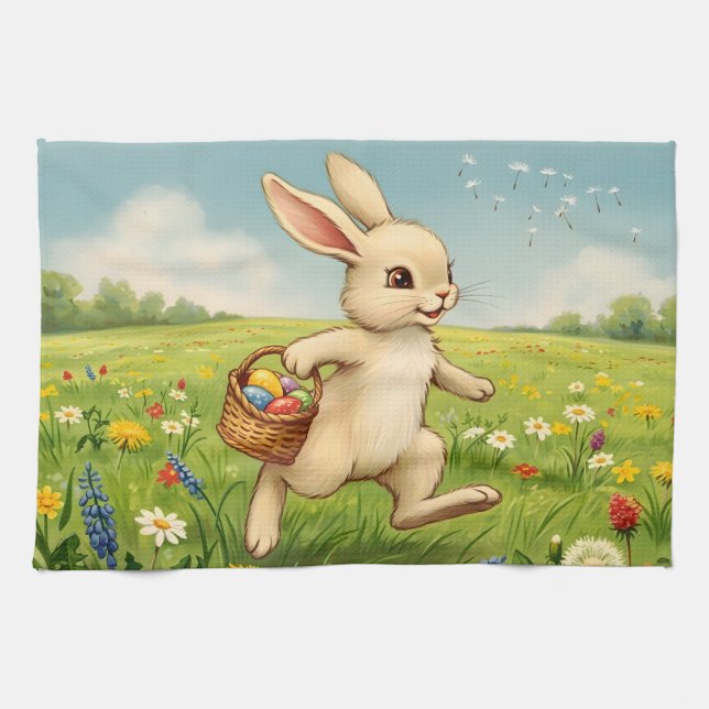 Vintage Spring Meadow Easter Bunny  Kitchen Towel (Horizontal)
