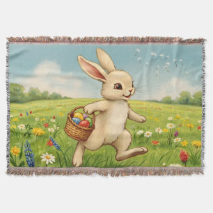 Vintage Spring Meadow Easter Bunny  Throw Blanket