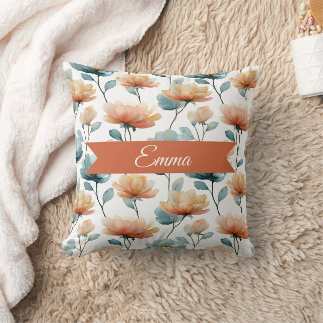 Vintage Spring Orange Flowers Personalized Throw Pillow (Blanket)