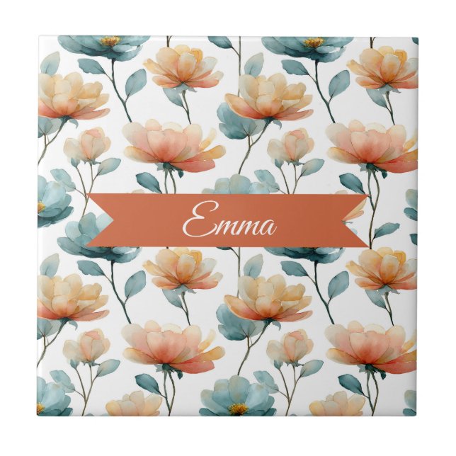 Vintage Spring Orange Flowers Personalized Tile (Front)
