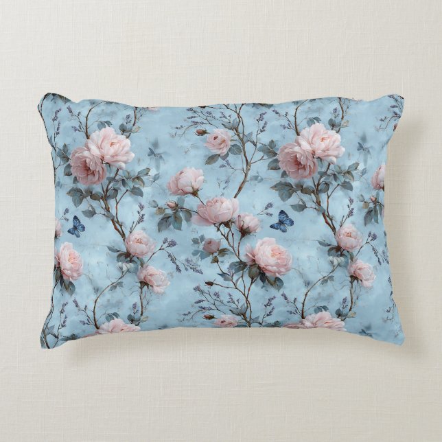 Vintage Spring Peonies on Blue Accent Pillow (Front)