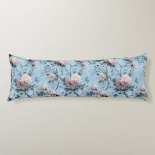 Vintage Spring Peonies on Blue Body Pillow