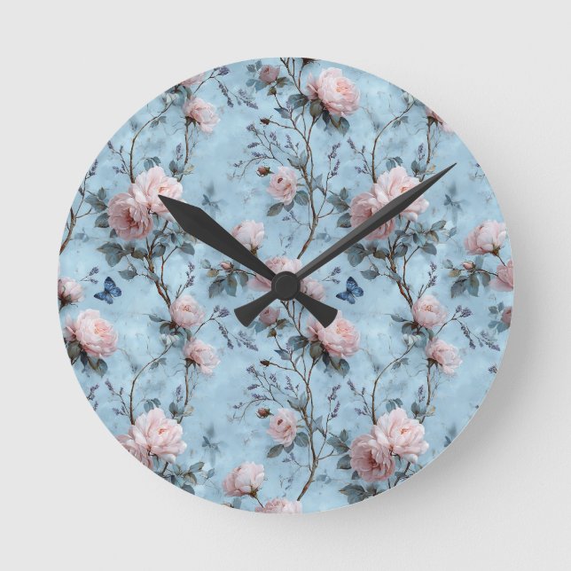 Vintage Spring Peonies on Blue Round Clock (Front)