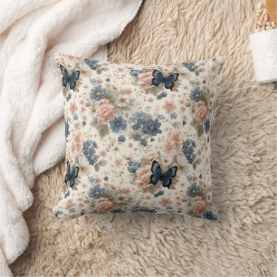 Vintage Spring Pink and Blue Florals & Butterfly Throw Pillow