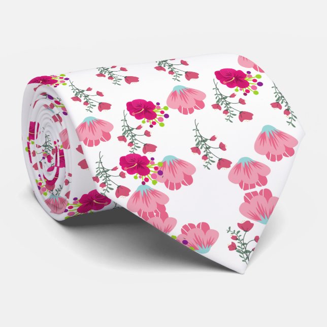 VIntage Spring Pink Floral print Pattern Tie (Rolled)