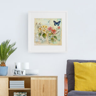 VINTAGE SPRING RED AND WHITE FLORAL WITH BUTTERFLY POSTER