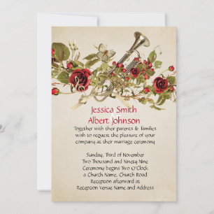 Vintage Spring Red Roses Music Wedding Invite