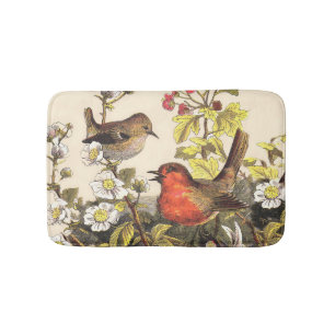 Vintage Spring Robin Songbirds Botanical Floral Bath Mat