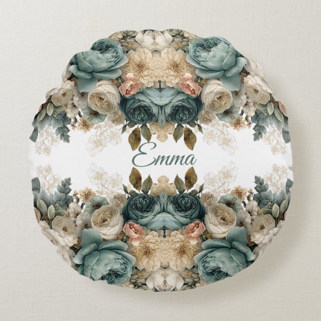 Vintage Spring Rose Garden Personalized Round Pillow (Front)