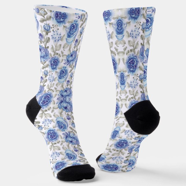 Vintage Spring Style Blue Floral Pattern Socks (Angled)
