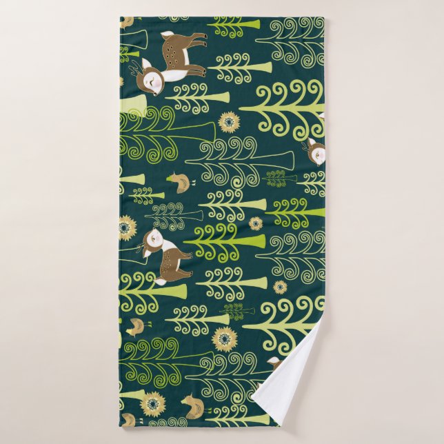 Vintage spruce trees, deer pattern. bath towel (Bath Towel)