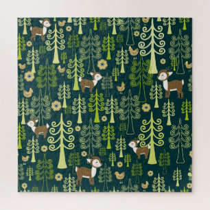 Vintage spruce trees, deer pattern. jigsaw puzzle