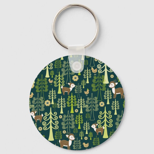 Vintage spruce trees, deer pattern. keychain (Front)