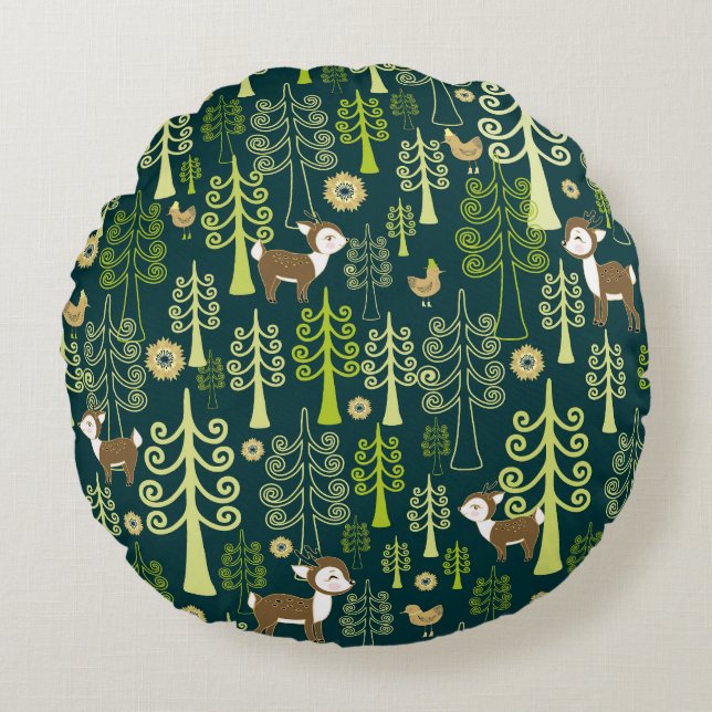 Vintage spruce trees, deer pattern. round pillow (Front)