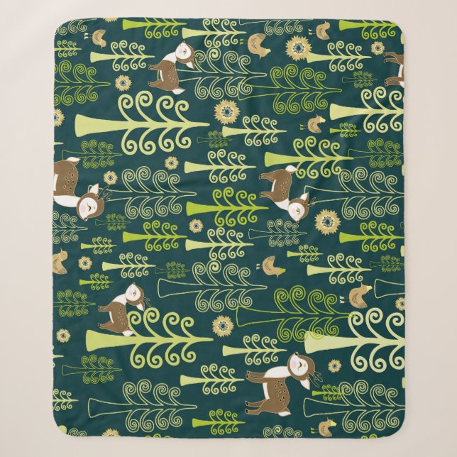 Vintage spruce trees, deer pattern. sherpa blanket (Front)