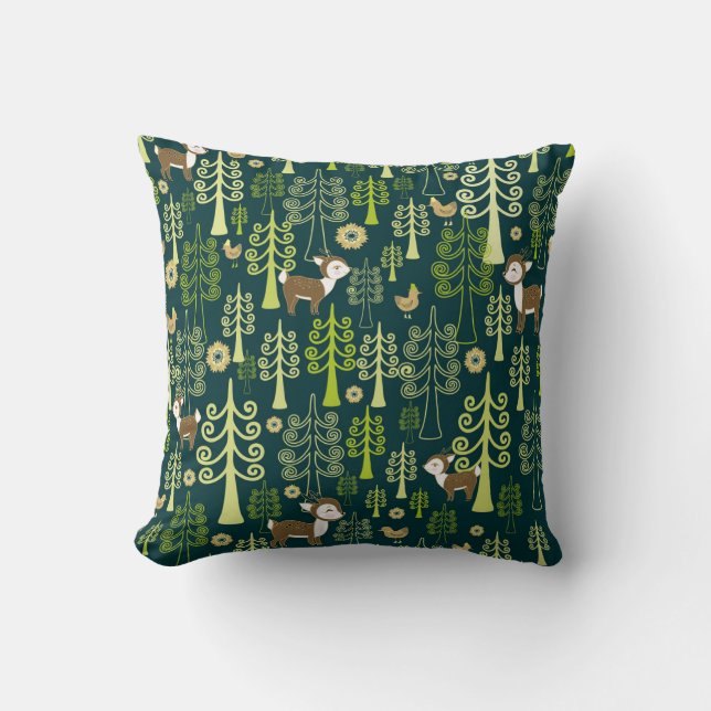 Vintage spruce trees, deer pattern. throw pillow (Front)