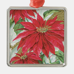 Vintage Square Poinsettia Metal Ornament