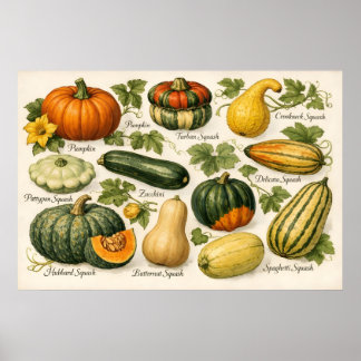 Vintage Squash Varieties Botanical Illustration  Poster