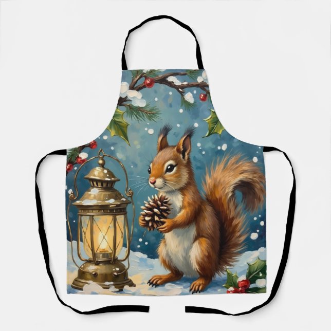 Vintage Squirrel with Christmas Lantern Winter Apron (Front)