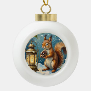 Vintage Squirrel with Christmas Lantern Winter Ceramic Ball Christmas Ornament