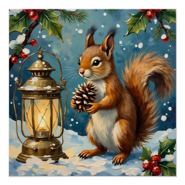 Vintage Squirrel with Christmas Lantern Winter Poster (Front)