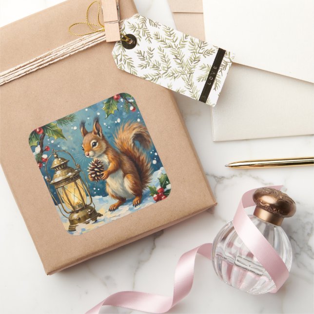 Vintage Squirrel with Christmas Lantern Winter Square Sticker (Gifting)