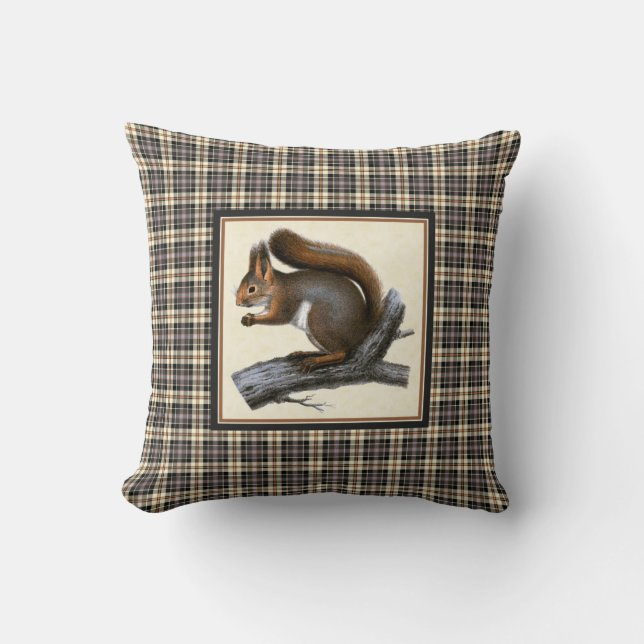 Vintage Squirrel with Rustic Plaid Throw Pillow (Front)