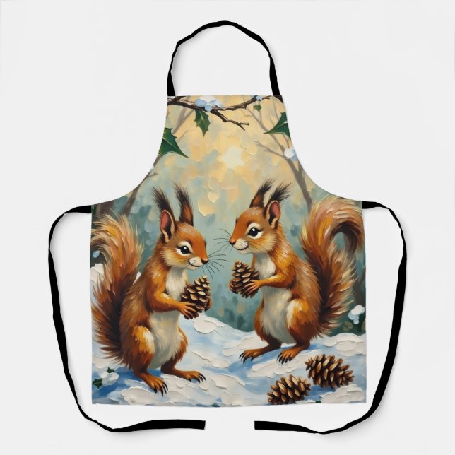 Vintage Squirrels Gathering Pinecones Christmas Apron (Front)