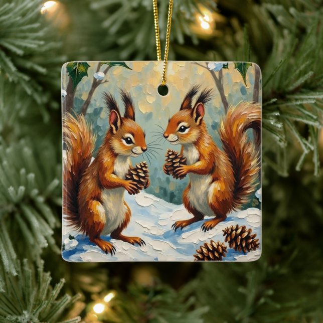 Vintage Squirrels Gathering Pinecones Christmas Ceramic Ornament (Tree)