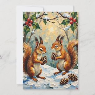 Vintage Squirrels Gathering Pinecones Christmas Holiday Card