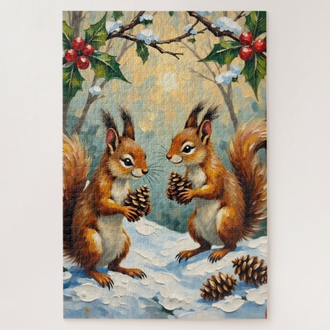 Vintage Squirrels Gathering Pinecones Christmas Jigsaw Puzzle (Vertical)