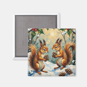 Vintage Squirrels Gathering Pinecones Christmas Magnet