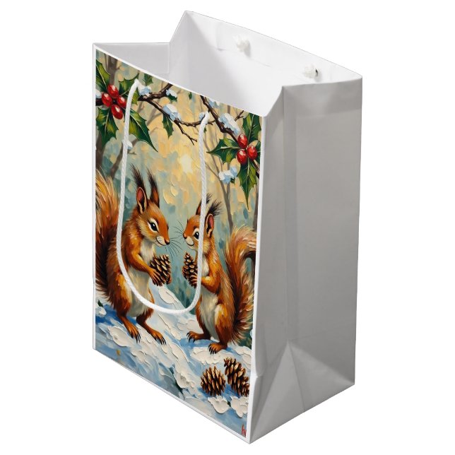 Vintage Squirrels Gathering Pinecones Christmas Medium Gift Bag (Front Angled)