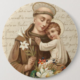 Vintage St. Anthony Child Jesus Floral Religious 6 Inch Round Button