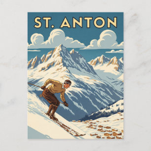 Vintage St. Anton Austria Skier Skiing Postcard