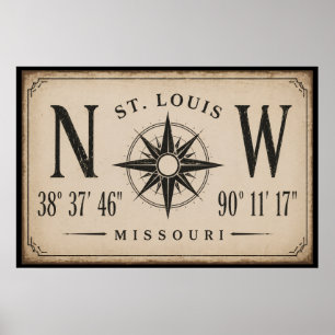 Vintage St. Louis Missouri Coordinates Compass Art Poster