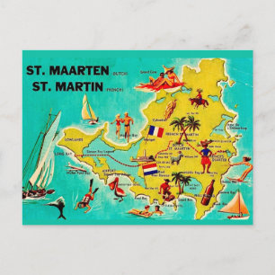 Vintage St Martin Island Map Postcard