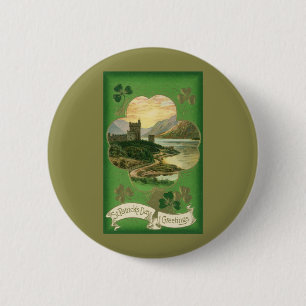 Vintage St. Patricks Day Greetings Castle Shamrock 2 Inch Round Button