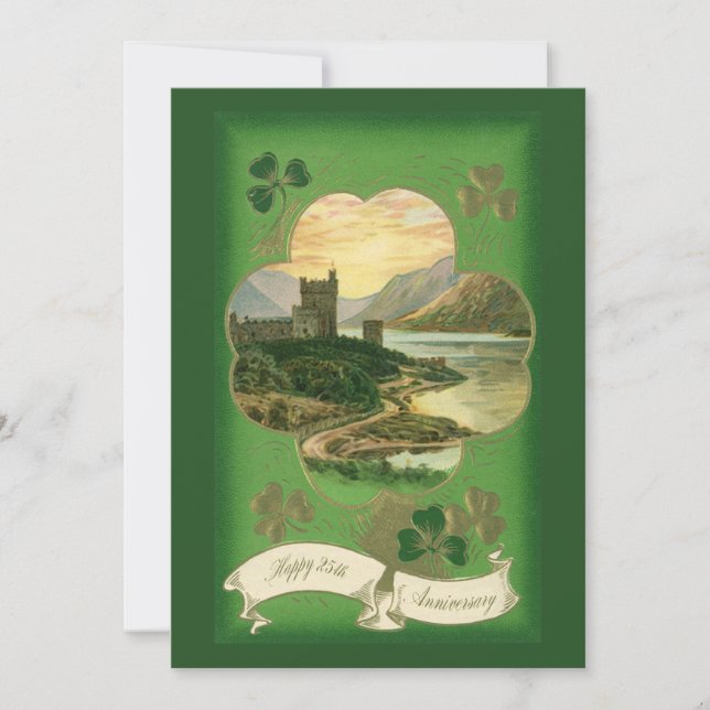 Vintage St. Patricks Day Greetings Shamrock Castle Card (Front)