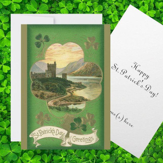 Vintage St. Patricks Day Greetings Shamrock Castle Card (Creator Uploaded)