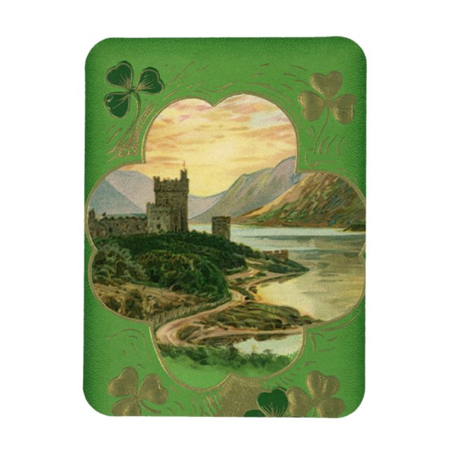 Vintage St. Patricks Day Greetings Shamrock Castle Magnet (Vertical)