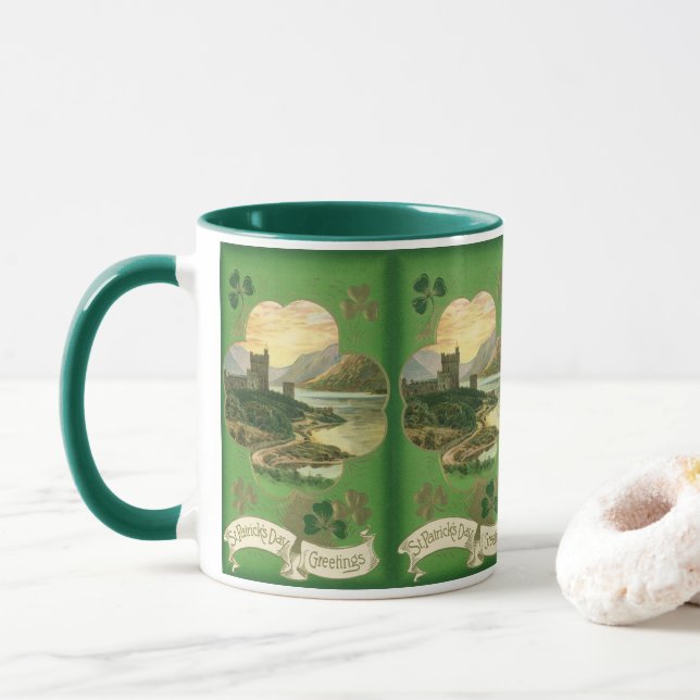 Vintage St. Patricks Day Greetings Shamrock Castle Mug (With Donut)