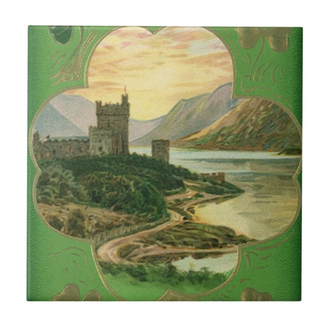 Vintage St. Patricks Day Greetings Shamrock Castle Tile (Front)