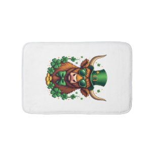 Vintage St. Patricks Day Highland Cow with Shamroc Bath Mat