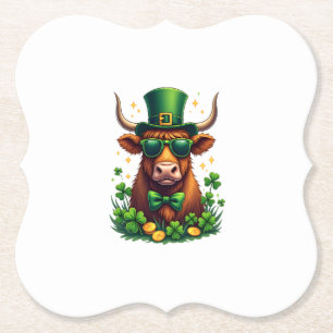 Vintage St. Patricks Day Highland Cow with Shamroc Paper Coaster