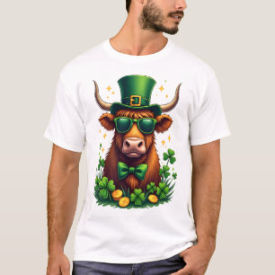 Vintage St. Patricks Day Highland Cow with Shamroc T-Shirt