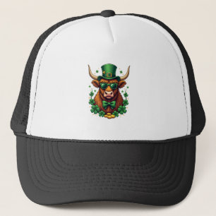 Vintage St. Patricks Day Highland Cow with Shamroc Trucker Hat